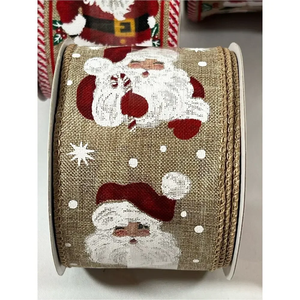 Wired Ribbon 2.5”x20ft (60ft or 20yds total) Santa Claus Christmas Tan Red White